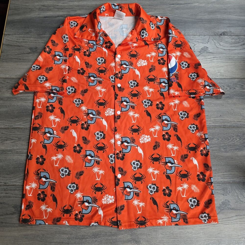 Delmarva Shorebirds SGA Orange Hawaiian Shirt Button Up Mens Sz XL Short Sleeve